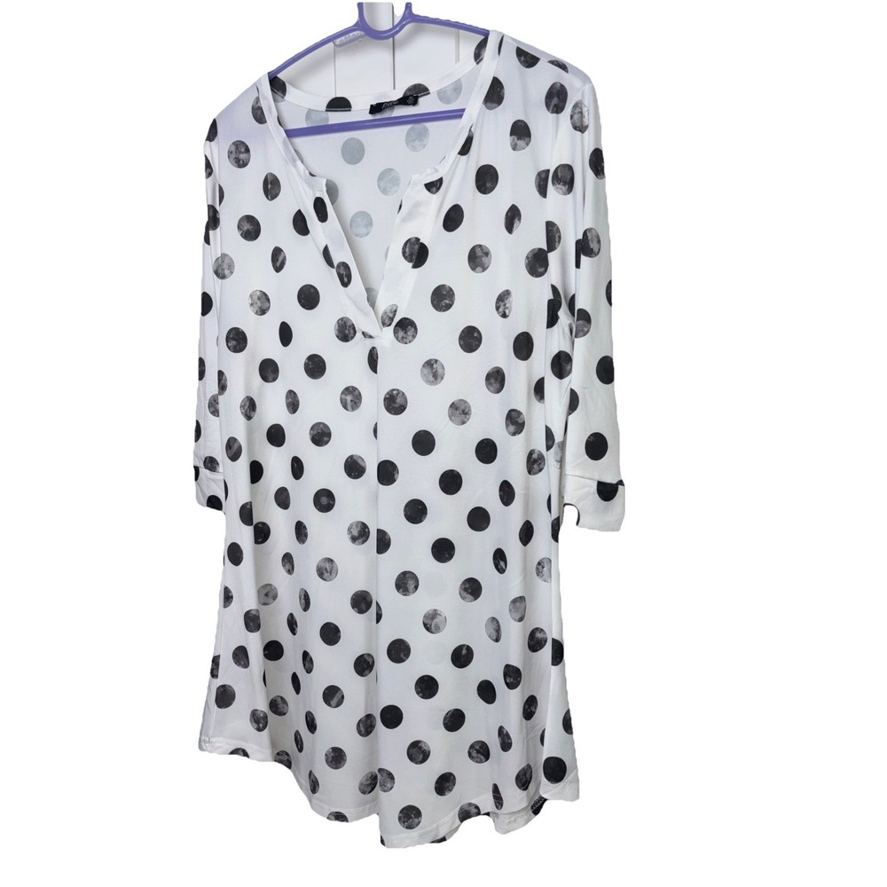 LILY BY FIRMIANA TUNIC TOP BLOUSE SZ XL BLACK WHITE Polka Dots 3/4 SLEEVES